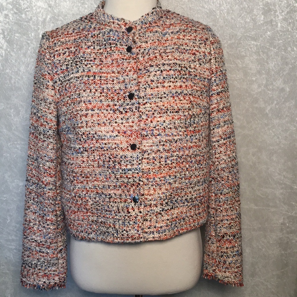 H&M | Multicolor Tweed collarless Blazer in Red and Blue Size 8